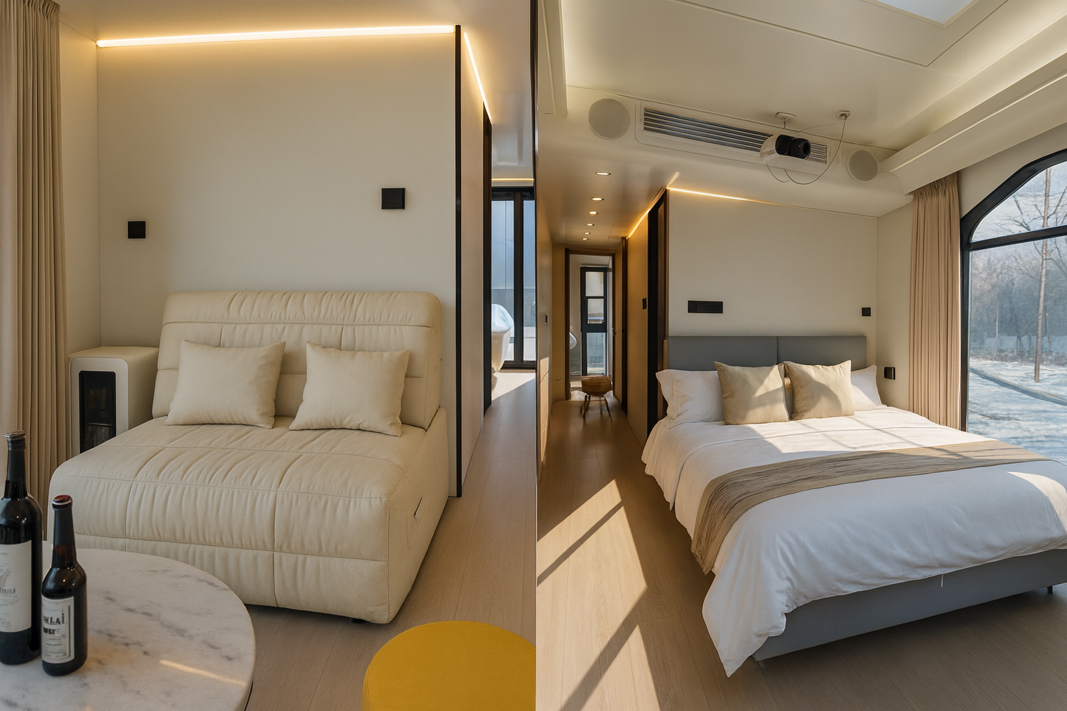 Интерьер капсульного дома Golden Bridge — общий вид