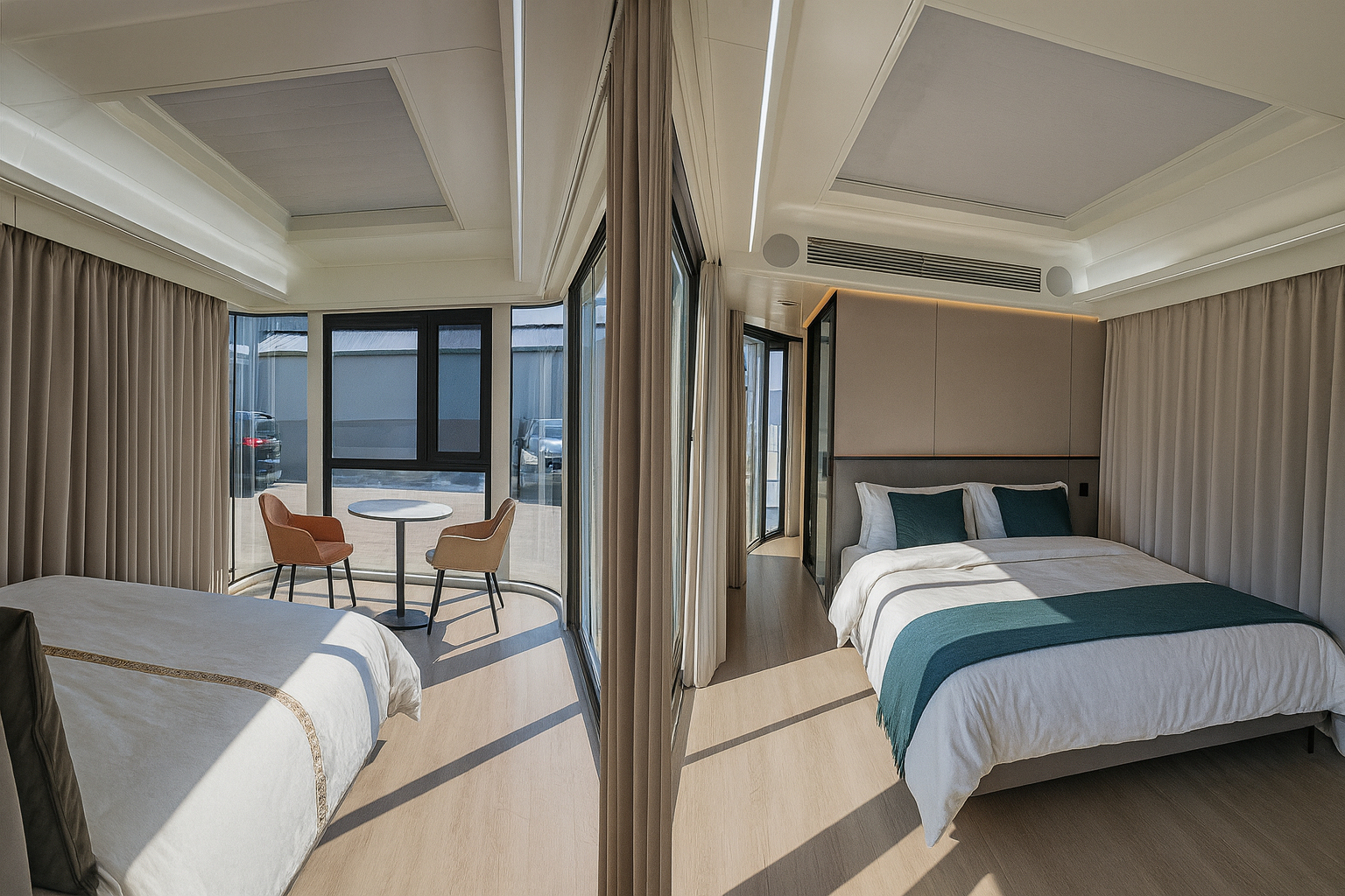 Интерьер капсульного дома Golden Bridge — панорамное окно