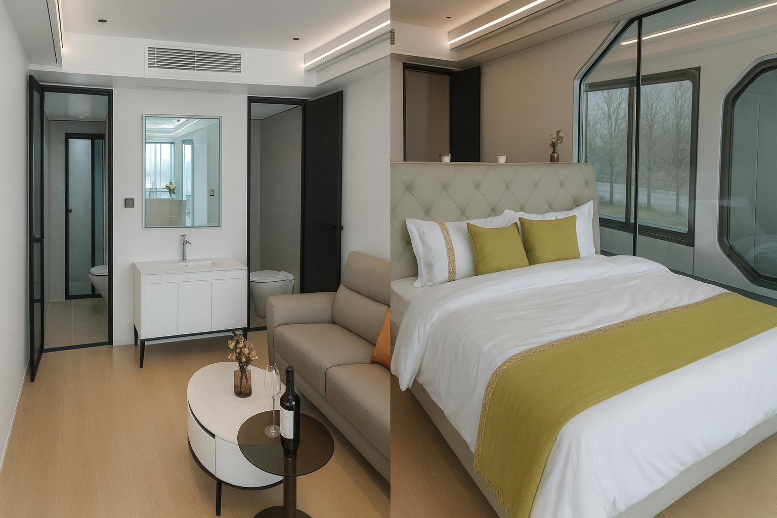 Интерьер капсульного дома Golden Bridge — зона отдыха